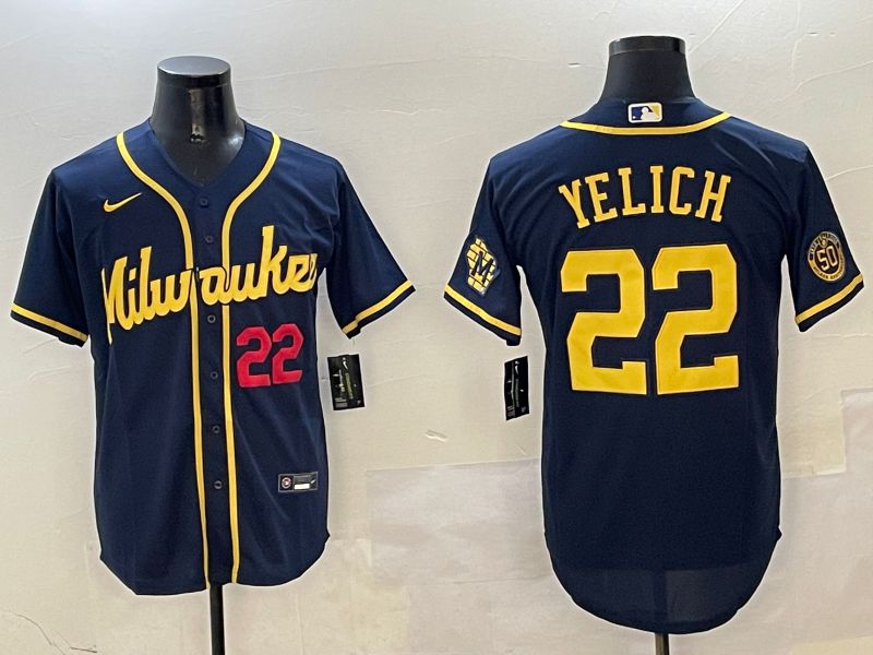 Men Milwaukee Brewers #22 Yelich Drak Blue Game 2025 Nike MLB Jersey style 03094->milwaukee brewers->MLB Jersey